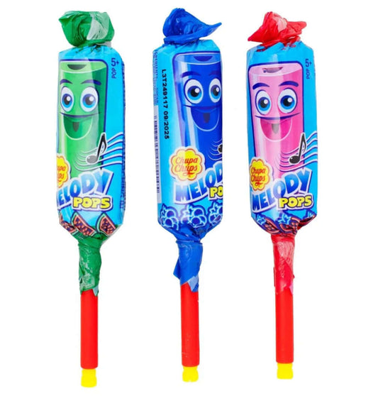 Chupa Chups Melody Pops in green, blue, and pink wrappers with smiling faces.