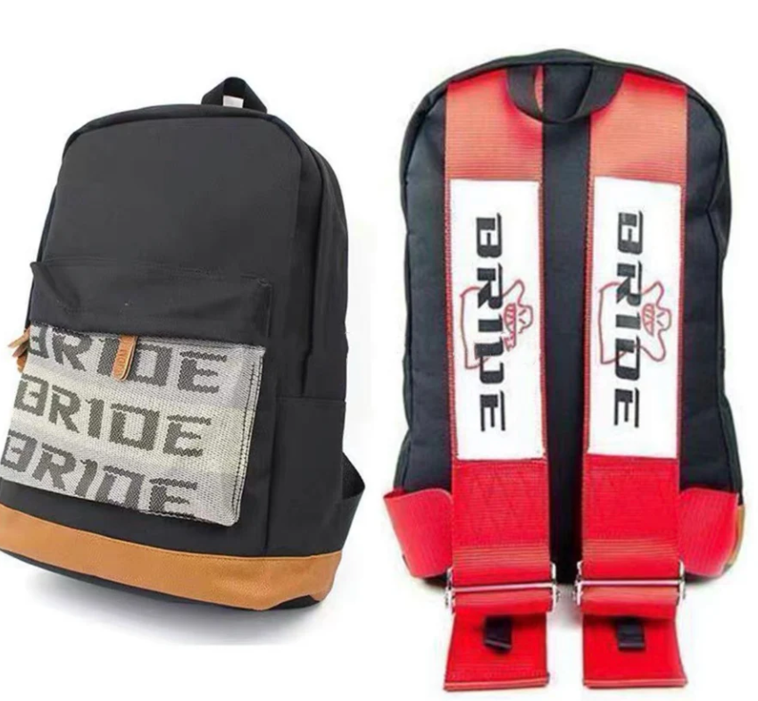 Black backpack with BRIDE logo and red harness straps.
