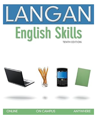 Cover of Langan English Skills textbook with laptop, pencils, phone, and notebook.