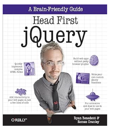 Cover of Head First jQuery book featuring a man in glasses and a brain graphic.