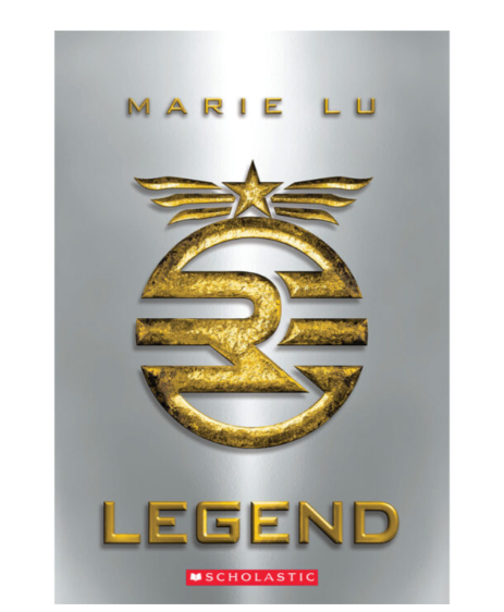 Marie Lus Legend book cover with gold emblem and silver background.
