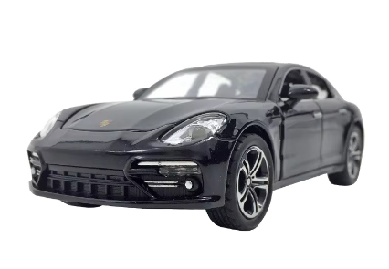 Black Porsche Panamera model car toy front view.