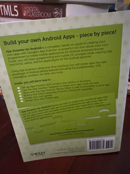 Back cover of App Inventor for Android book showing guide to building Android apps.
