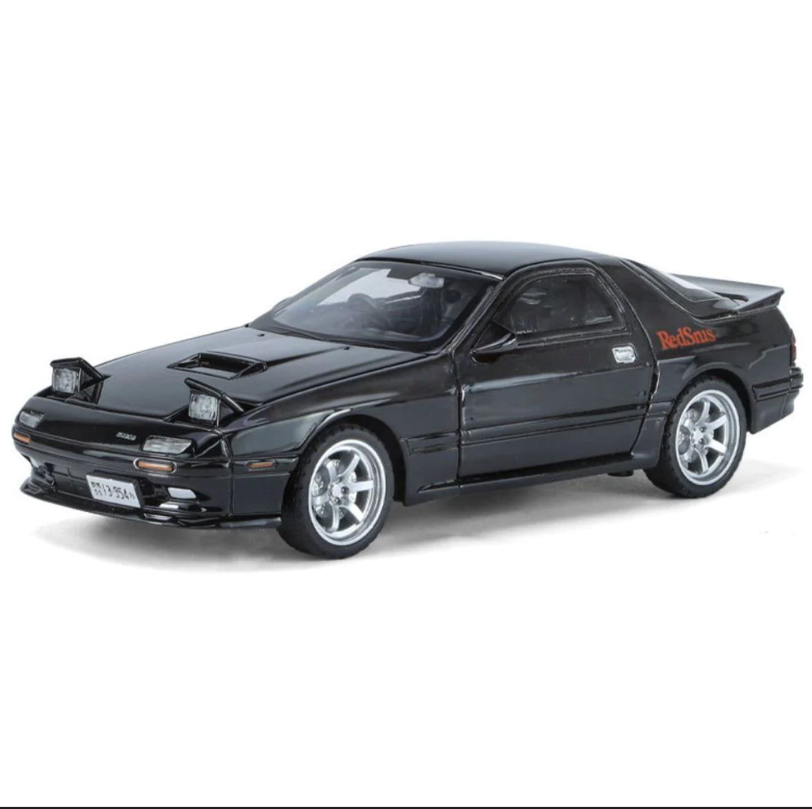 Black die-cast model car with silver rims and RedSns logo.