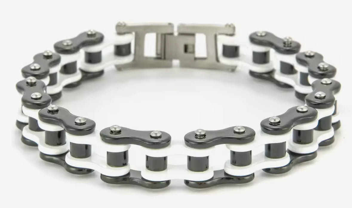 Black and white motorcycle chain bracelet with silver clasp.