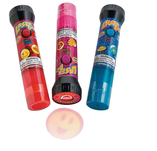 Colorful Laser Pop Projector Candy tubes with fun designs and warning labels.