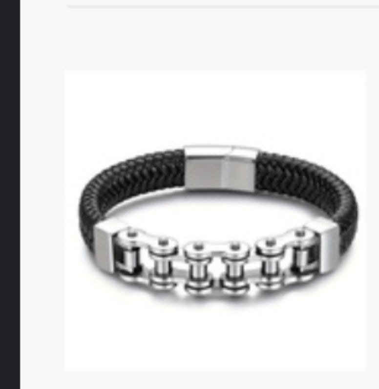 Black woven leather bracelet with silver chain links and clasp.