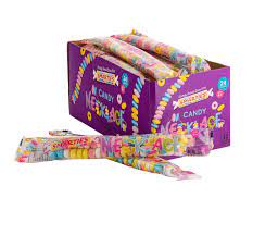 Brightly colored wrapped candy sticks in a purple box.