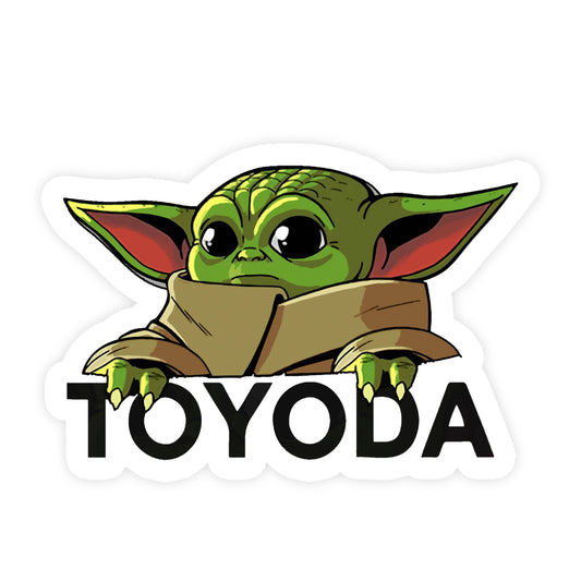 Baby Yoda sticker with TOYODA text below.