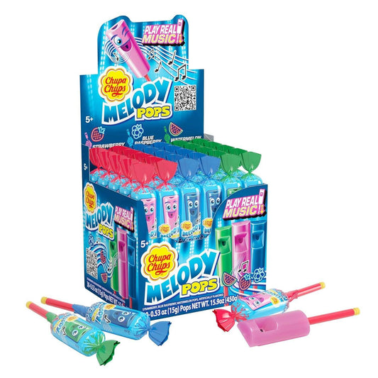 Chupa Chups Melody Pops candy box with colorful wrapped pops and music notes.
