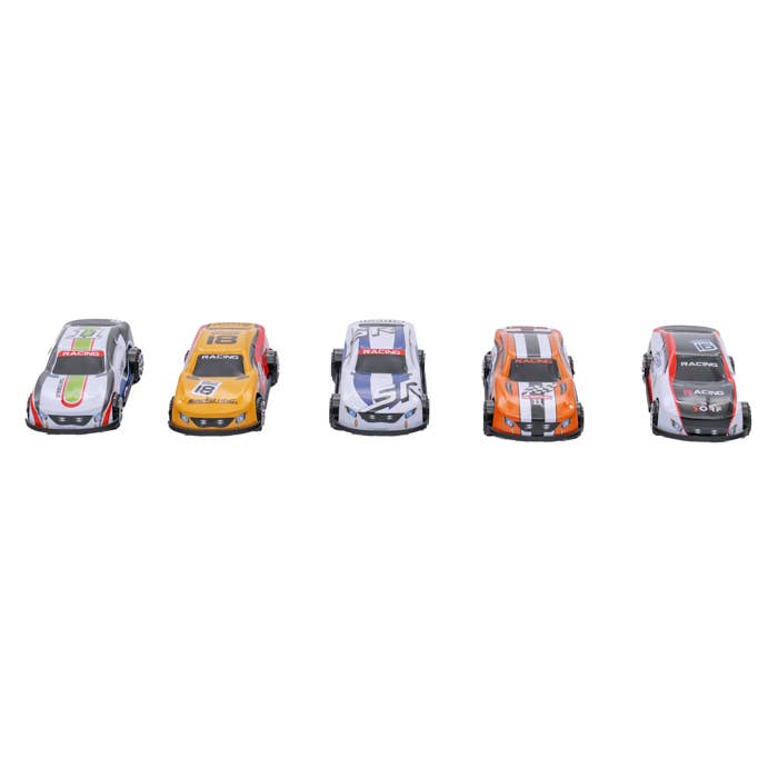 Five colorful miniature racing cars lined up against a white background.