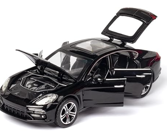 Black Porsche Panamera model car with open hood and trunk.