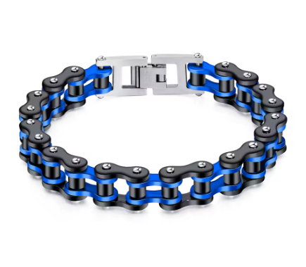 Blue and black motorcycle chain bracelet with silver clasp.