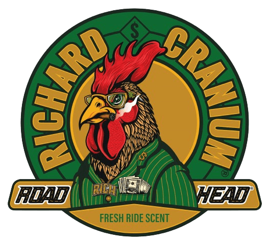 Richard Cranium Road Head sticker featuring a rooster with sunglasses and money.