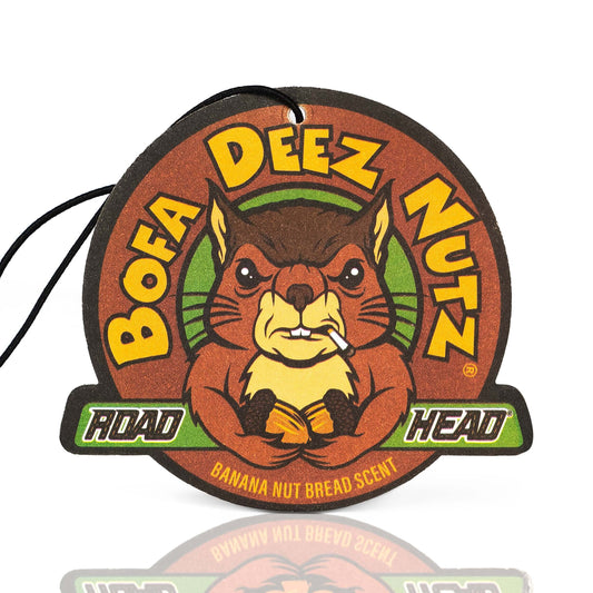 Bofa Deez Nutz air freshener with squirrel design and banana nut bread scent.