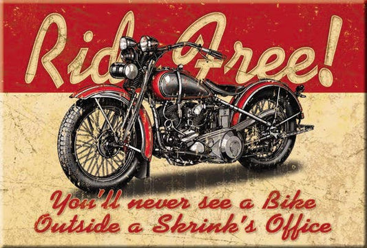 Vintage motorcycle illustration on retro-style poster with Ride Free text.