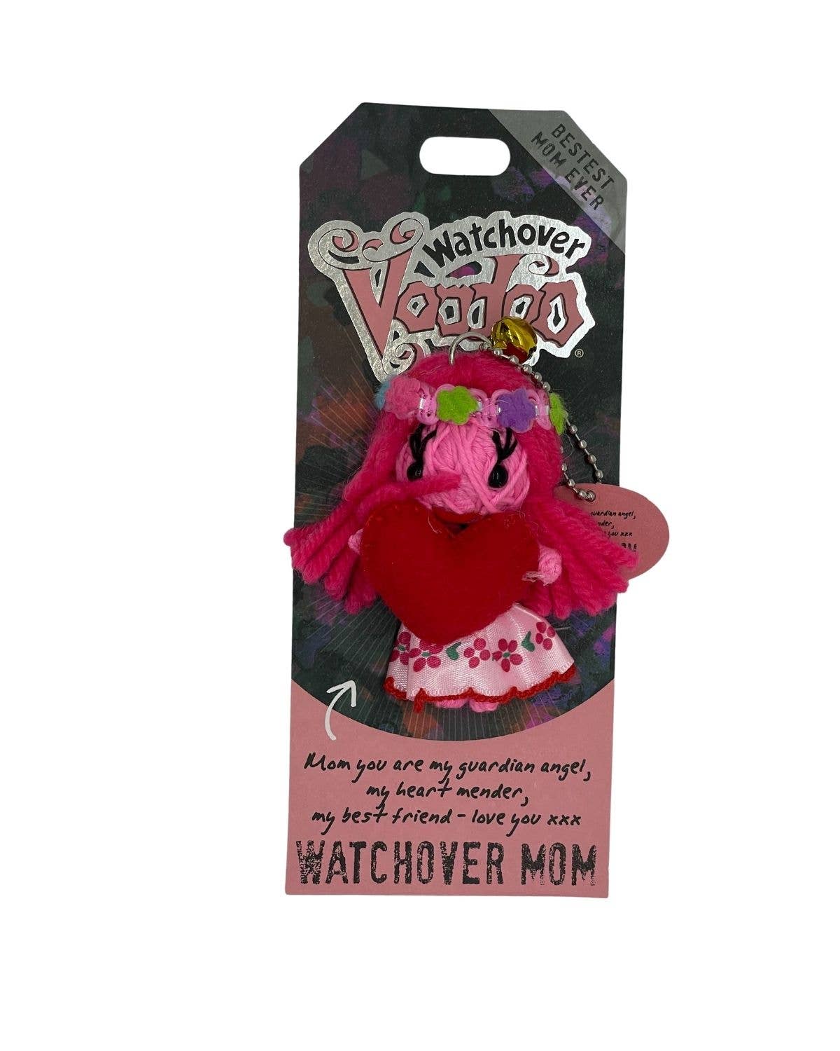 Pink voodoo doll keychain with heart and floral skirt, Watchover Mom message.