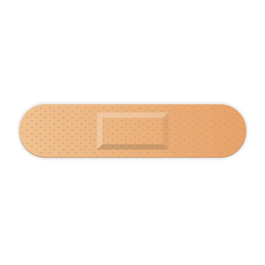 Tan adhesive bandage with perforated backing and clear center.