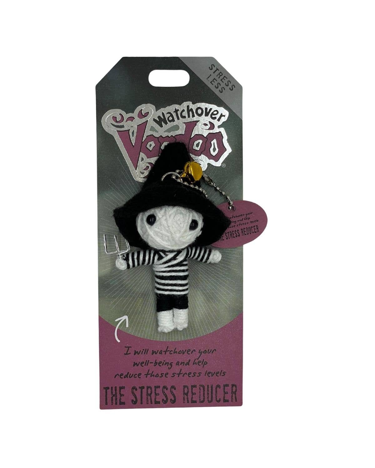 Stress-relieving plush keychain in black and white outfit with hood.