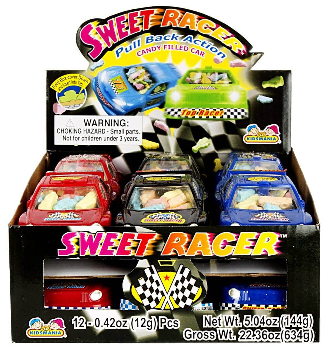 Sweet Racer candy-filled toy cars in a display box.