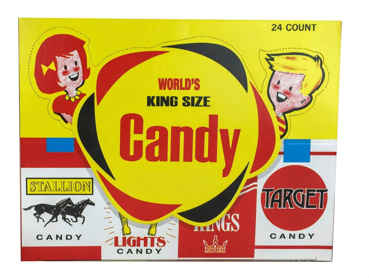 Vintage Worlds King Size Candy box with cartoon characters and logos.