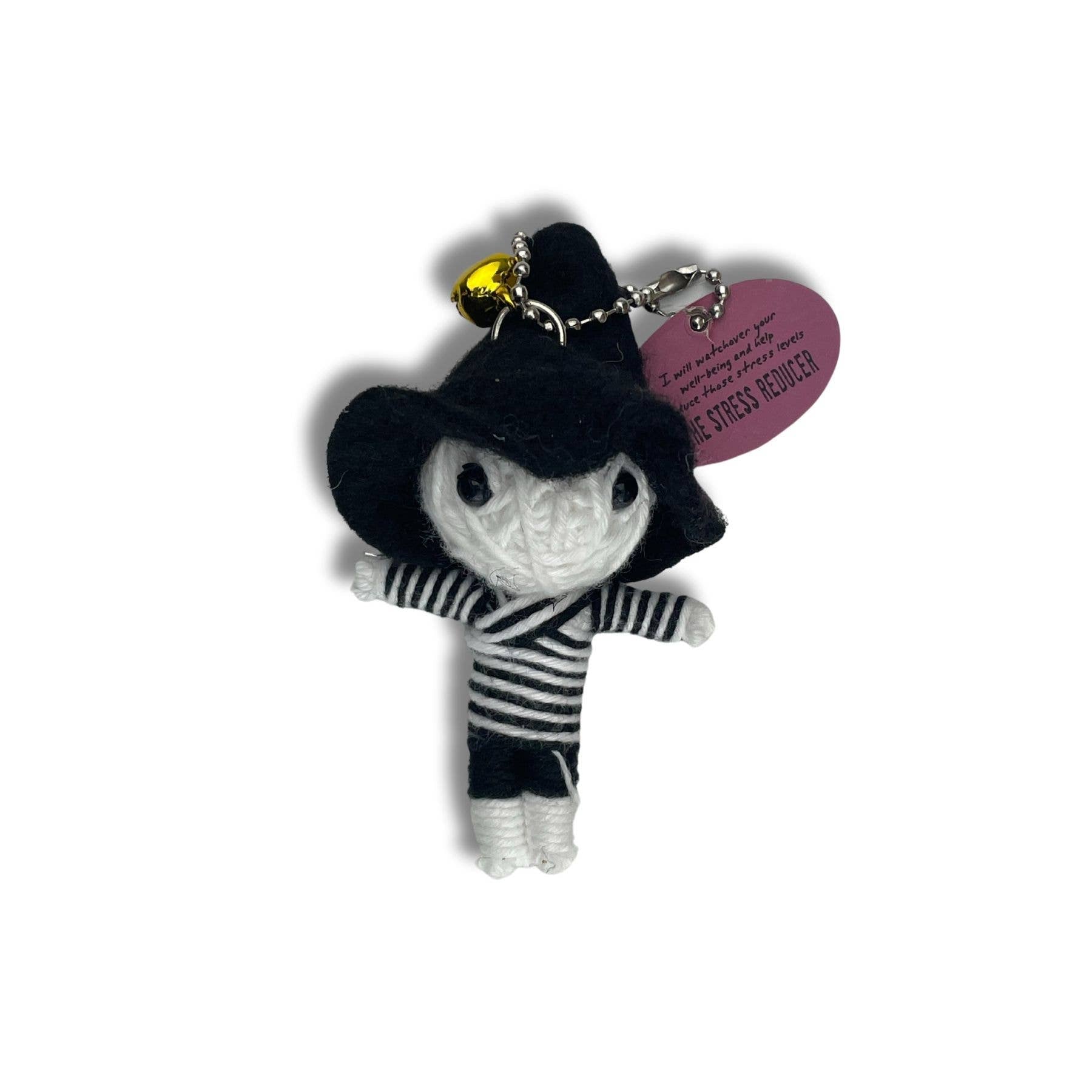 Black and white striped plush toy with hat, stress reducer tag.