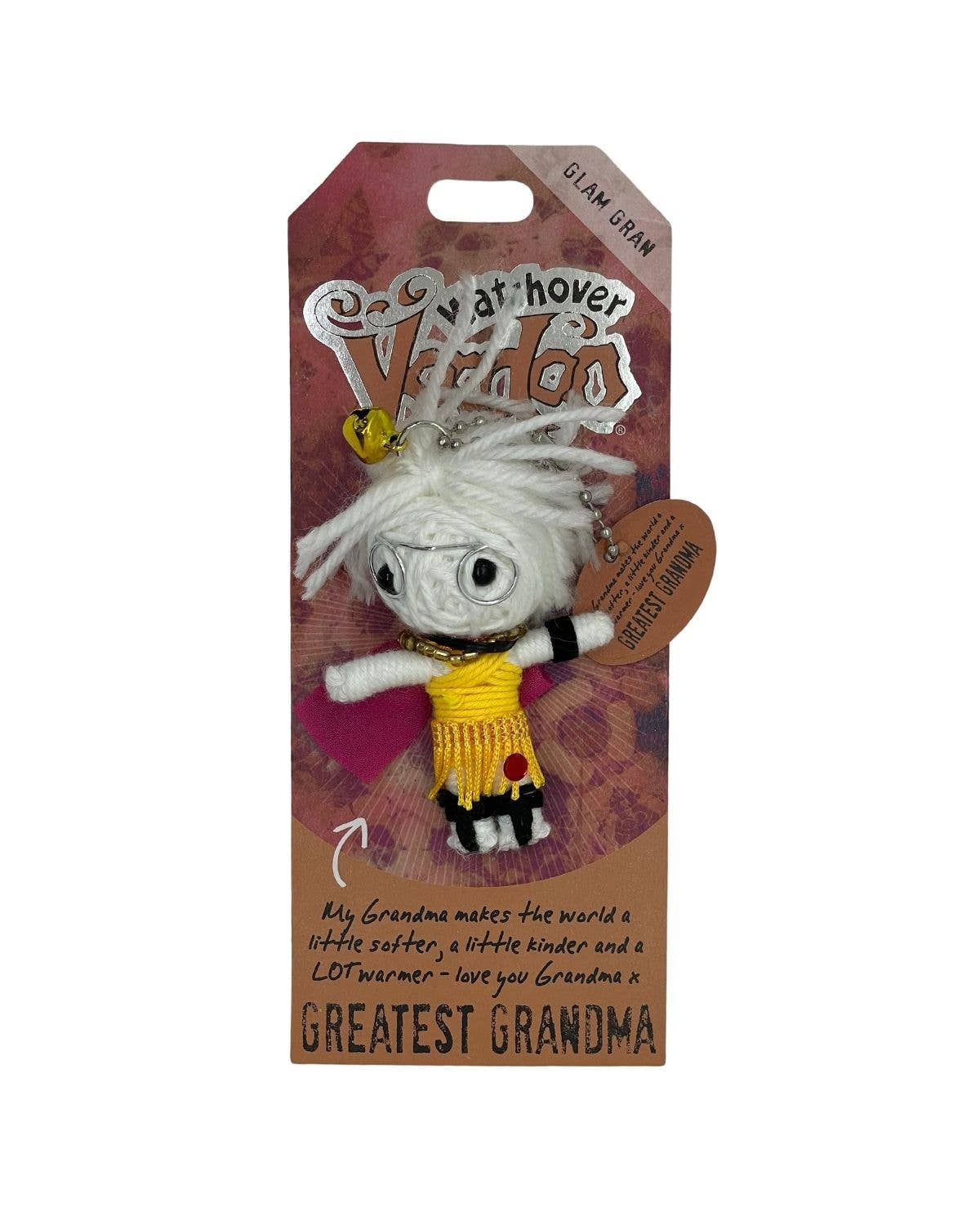 Glam Gran Voodoo doll with white hair, yellow dress, and accessories on packaging.