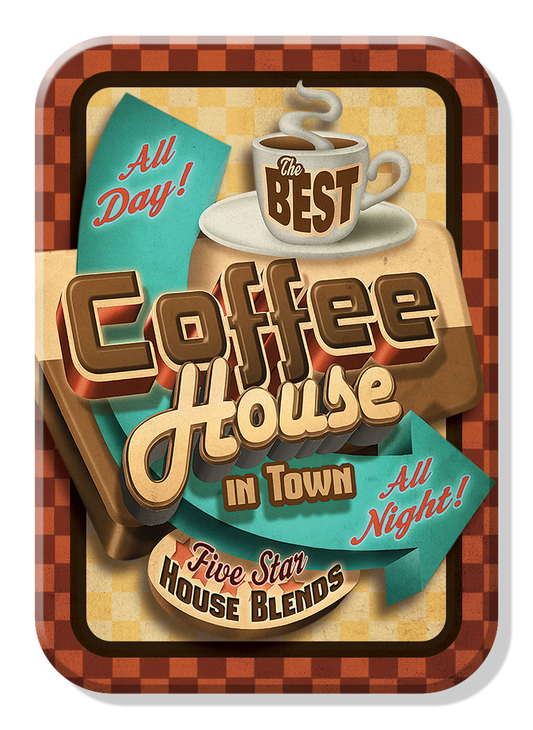 Vintage-style coffee shop sign with Coffee House and Five Star House Blends text.