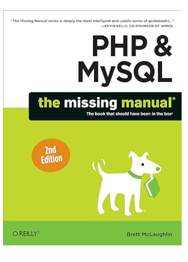 PHP  MySQL The Missing Manual, 2nd Edition book cover with dog illustration.