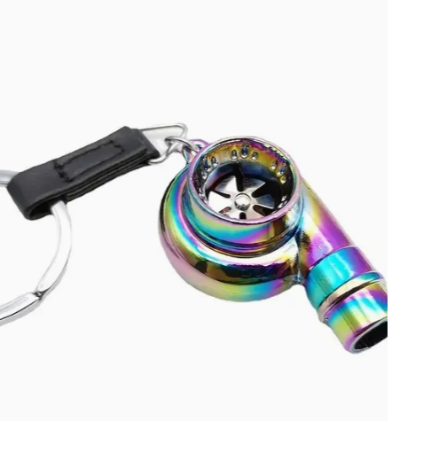 Rainbow-colored turbo keychain with black clip and ring.