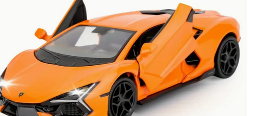 Orange Lamborghini sports car with gull-wing doors open.