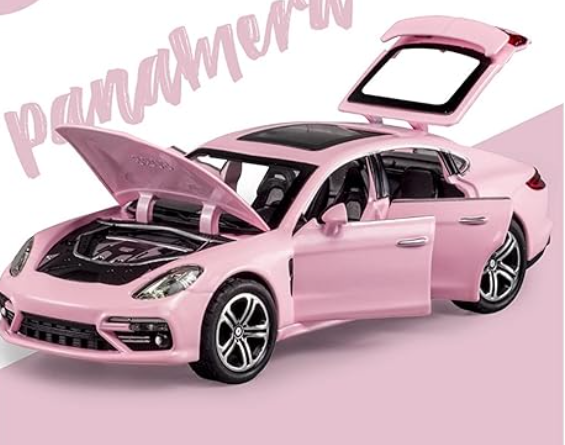 Pink Porsche Panamera with open doors and hood, showcasing engine.