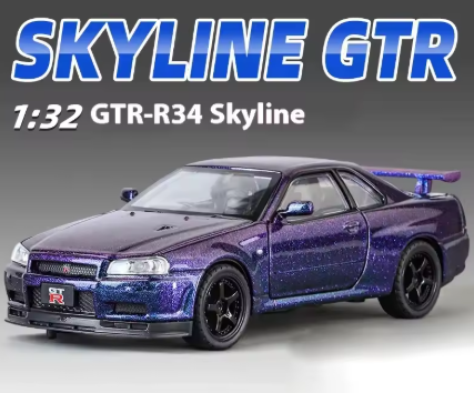Purple and blue speckled 132 scale Nissan Skyline GTR-R34 model car.