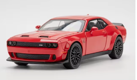 Red Dodge Challenger SRT die-cast model car with black rims.